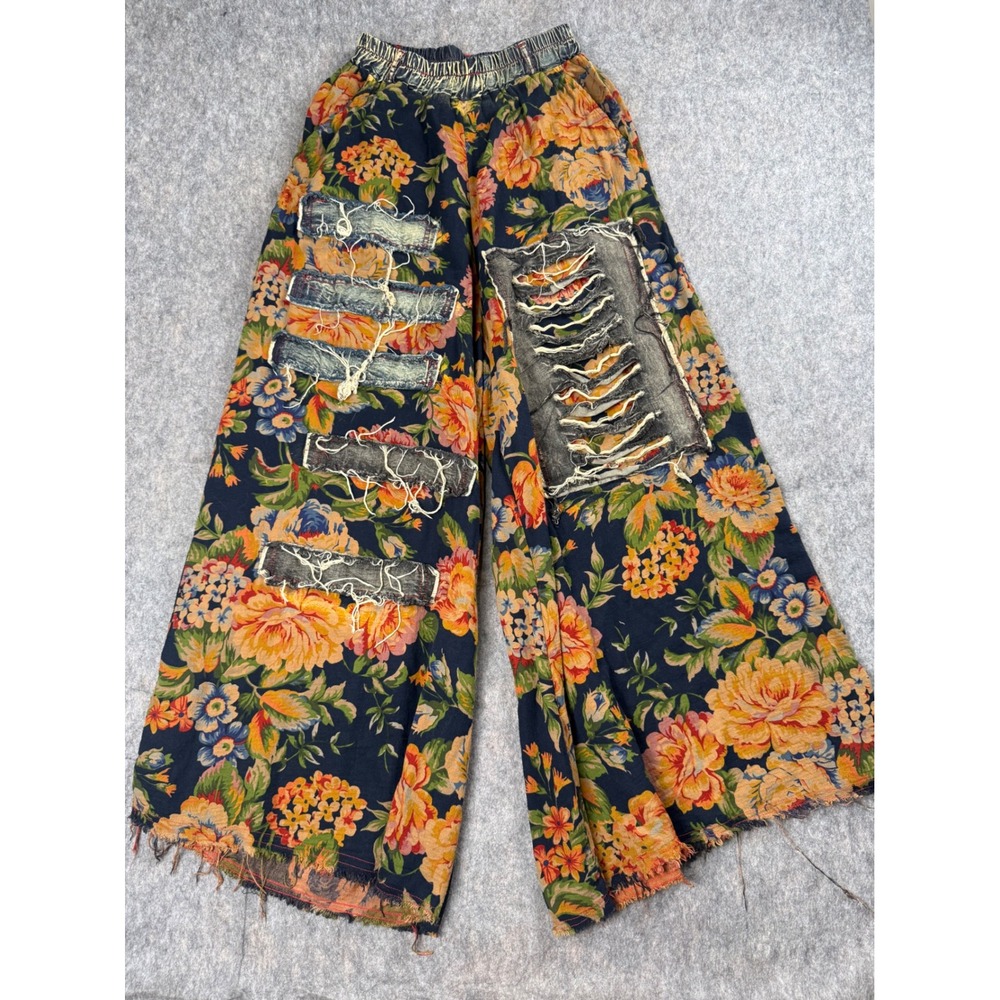 Meiqixiu Floral Wide Leg Pants Womens M Multicolor Cotton Distressed Boho Grunge
